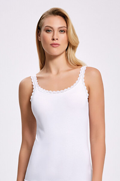 İlke Women's Cotton Lace Strappy and Collared 6-Piece White Undershirts