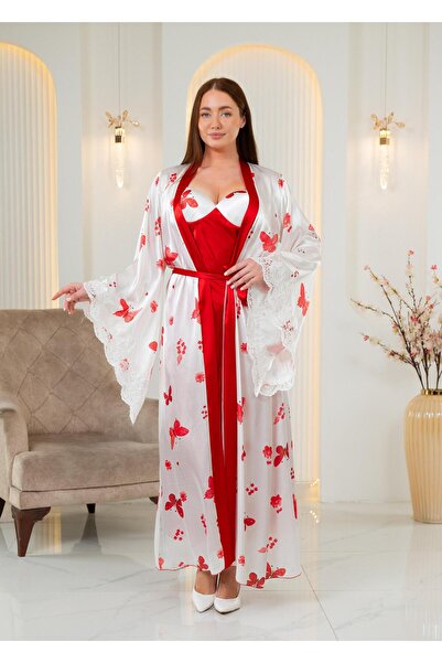 Limas lingerie Special Design Butterfly Patterned Satin 2-Piece Long Dressing...