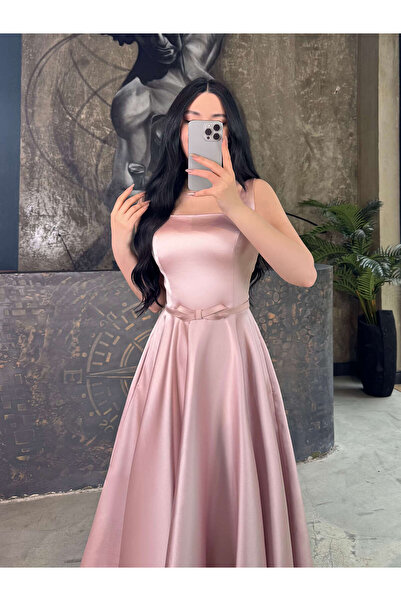 missswans Kami Kemeri Kelebek Detaylı Midi Boy Eteği Volanlı Kalın Askılı Sat...