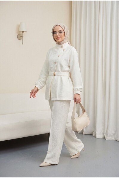 Modamorfo Gold buttoned buckle belted ruffle detailed cupra set - ecru