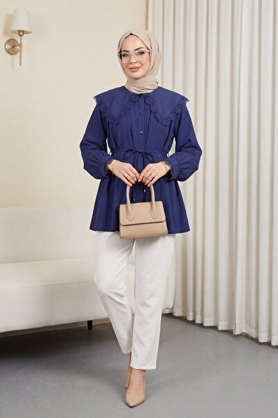 Modamorfo Baby collar scalloped waist lace modal tunic - navy