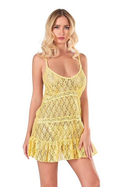 PRIMODA قميص نوم نسائي قصير من التول باللون الأصفر