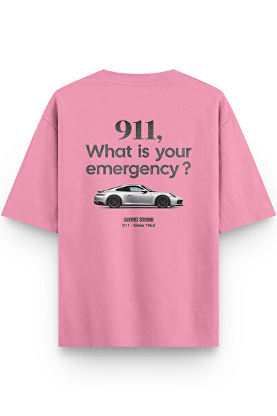 Overoz 911 Car Back Printed Semi Oversize Pink Tshirt 1423