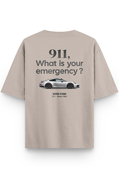 Overoz تيشيرت 911 بطبعة خلفية للسيارة، مقاس كبير جدًا، لون حجري 1423