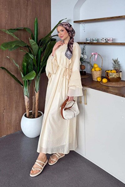 Hazamoda فستان هوكا مكشكش باللون البيج