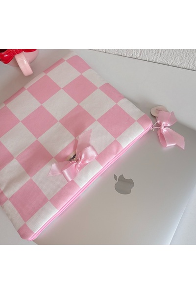 PİNKUE Ροζ καρό κάλυμμα για φορητό υπολογιστή με λεπτομέρεια φιόγκου 11 ιντσώ...