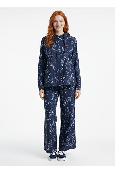 Neden Tekstil Women's Leaf Patterned Hooded Sweatshirt and Palazzo Pants Set