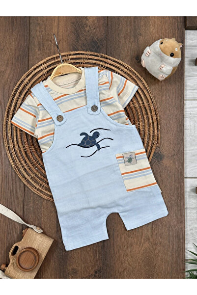 Bolly Baby Muslin Salopet Turtle Embroidered Snap-On Shoulder Badi Summer Bab...