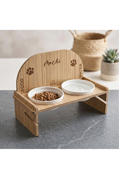 Pet Magic İsme Özel, İkili Ahşap Standlı, Seramik Kaseli, Yükseltilmiş Eğimli...