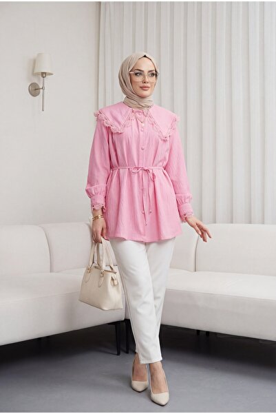 Modamorfo Baby collar scalloped waist lace modal tunic - pink