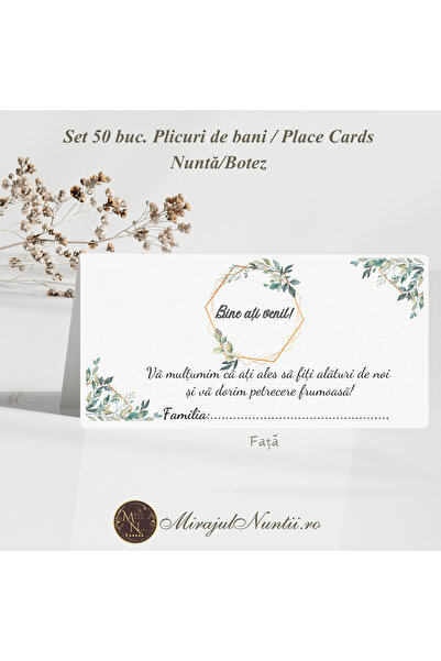 Set 50 buc Plicuri de Bani Botanical Harmony Carton Premium Verde-Auriu Nuntă...