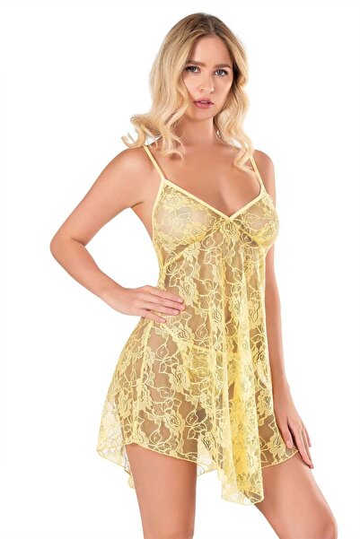 PRIMODA قميص نوم نسائي قصير من التول باللون الأصفر