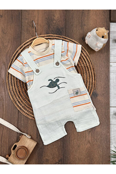 Bolly Baby Muslin Salopet Turtle Embroidered Snap-On Shoulder Badi Summer Bab...