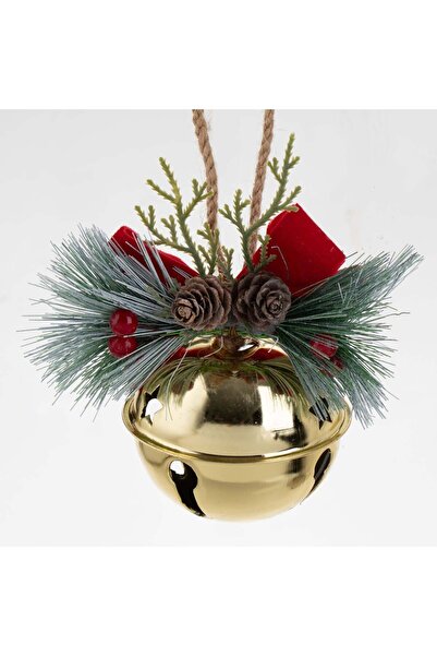 OEM Χριστουγεννιάτικο στολίδι: Χρυσό κουδούνι με μούρα και κώνους, 8 εκατοστά