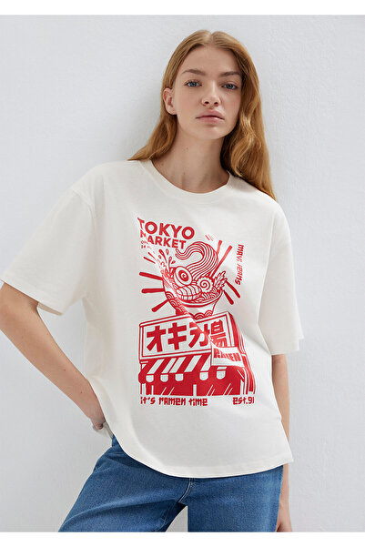 Mavi Tokyo Baskılı Ekru Tişört Loose Fit / Bol Rahat Kesim 1614004-25705
