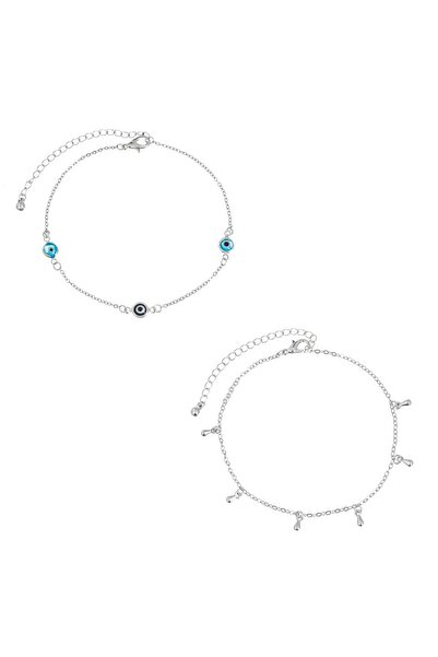 OEM Silver Color Chain Anklets with Turquoise Blue Eyes for Women - 2pcs