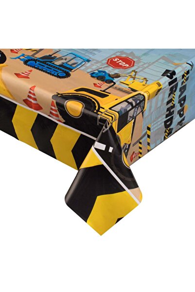 OEM Μπλε Κίτρινο Πλαστικό Τραπεζομάντιλο Πάρτι με Οχήματα Κατασκευών 180x120εκ.