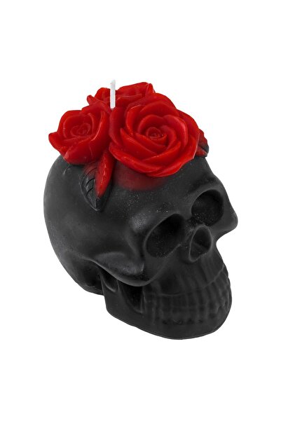 OEM Black Skull Candle with Red Roses 3D Halloween 9x7x9cm