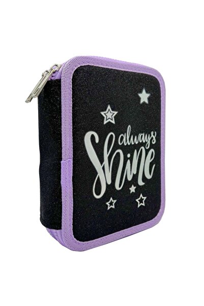 OEM Double Fitted Pencil Case Black Lilac "Always Shine" 14x4x20cm
