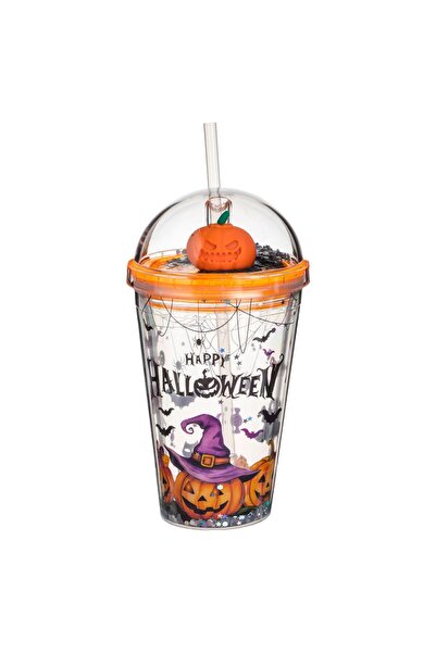 OEM Transparent Plastic Cup with Straw & 3D Halloween Pumpkin "Happy Hallowee...