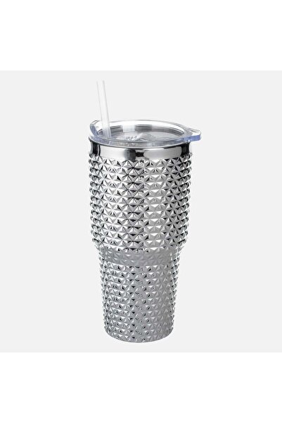 OEM "Dazzling" Silver Plastic Cup with Straw 850ml