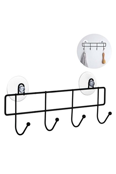 OEM Black Metal Hanger with Suction Cups & 4 Hooks 28.5x5x10.5 centimeters