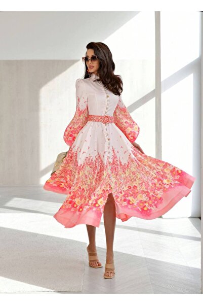 MSN Linen Fabric Zimmerman Model Lace Detailed Dress (Belt Included)-Pink-2714