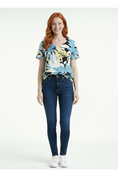 Neden Tekstil Γυναικείο βαμβακερό μπλουζάκι με λαιμόκοψη V και τροπικό σχέδιο...