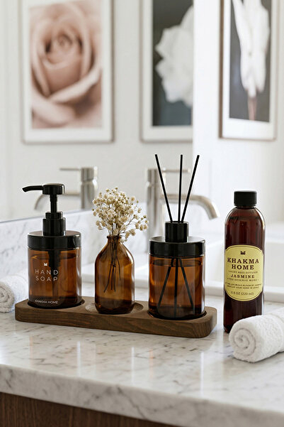 KHAKMA Ahşap Stantlı Amber Cam Sabunluk, Diffuser, Oda Kokusu ve Vazolu Dekoratif Banyo Seti 220 ml