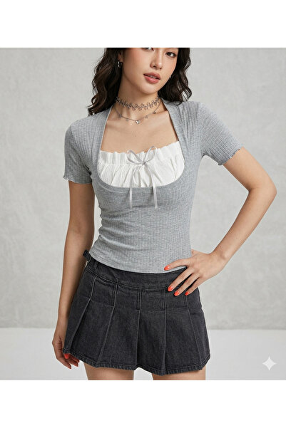 Köstebek Bluză vintage gri cu guler alb și panglică