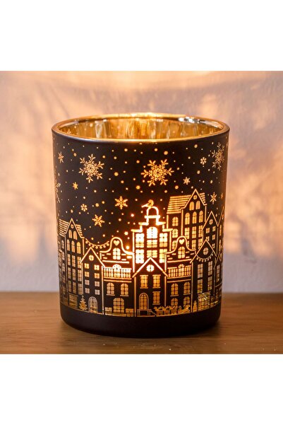 OEM Χριστουγεννιάτικη Παστίκα Κηροπήγιο Μαύρο Χρυσό Γυάλινο με Σχέδιο Πόλης Ø...