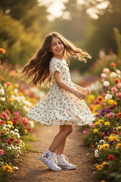 QUB CLUB Girl's Muslin Green Beige Floral Patterned New Season Holiday Dress....