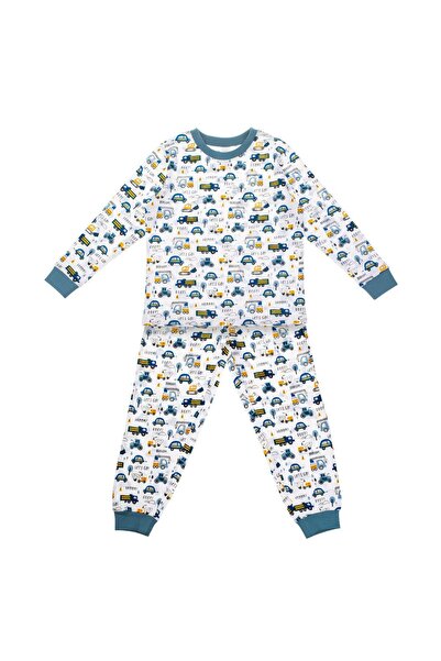 OEM Set Pijama din Bumbac Alb Albastra Vehicule de Santier 5-6 Ani