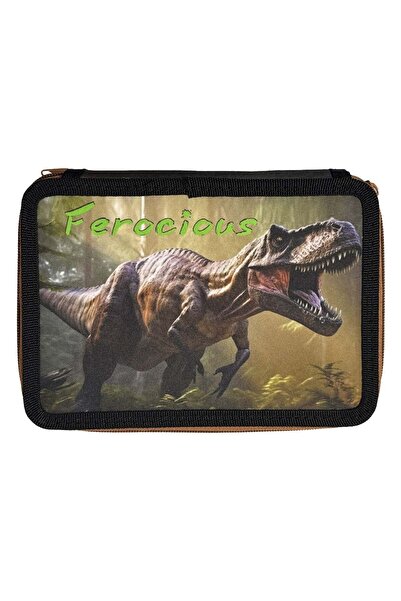OEM Double Fitted Pencil Case Khaki with Dinosaur Pattern 15x4x20cm