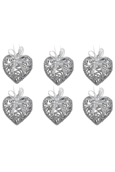 OEM Set Ornamente de Craciun Inimi Argintii Glitter Funda 6 centimetri - 6buc