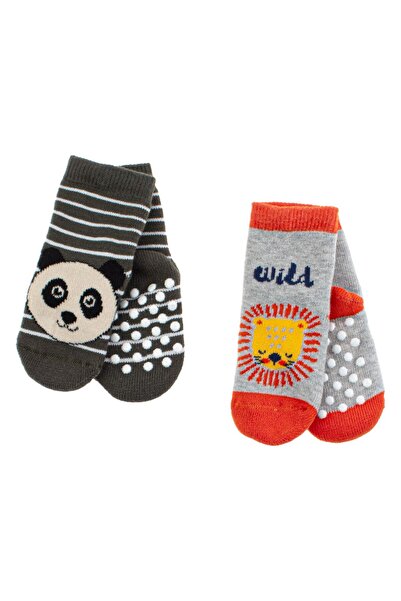 OEM Baby Socks Grey Brown Lion Panda Anti-slip - 2 pairs 18-24 Months