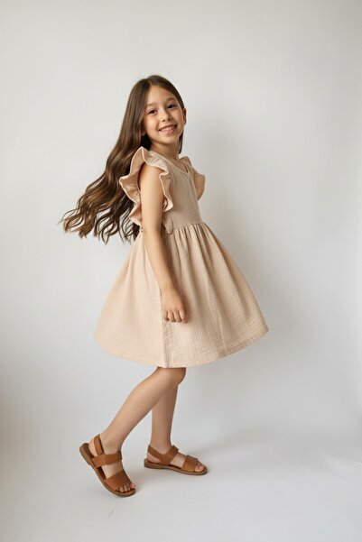 QUB CLUB Girl's Muslin Beige Ruffled New Season Holiday Dress