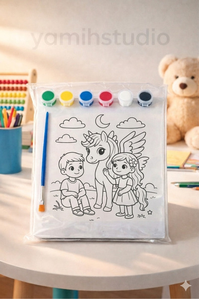 Home Yamih Studio Unicorn ve Çocuk Temalı Tuval Boyama Seti - 6 Renk Akrilik ...