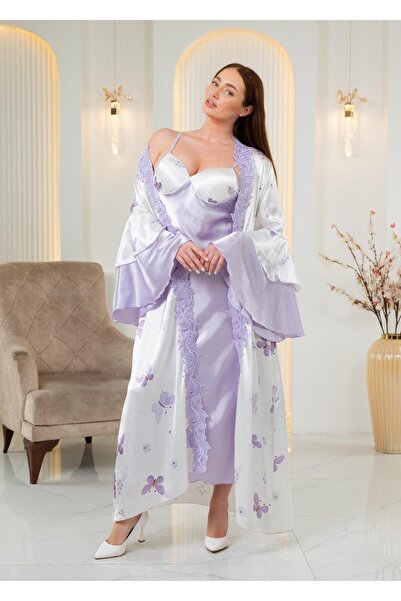 Limas lingerie Special Design Butterfly Patterned Satin 2-Piece Long Dressing...