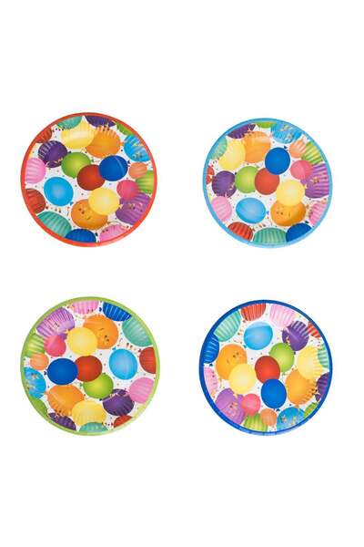 OEM Χάρτινα πιάτα πάρτι με σχέδιο μπαλόνι σε 4 χρώματα Ø18εκ. - 12 τεμάχια