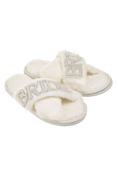 OEM Λευκές νυφικές παντόφλες με στρας και σχέδιο νύφης με χάντρες