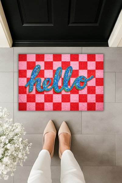 Dormot Covoraș modern cu imprimare digitală - Covoraș elegant pentru ușă, cu text „Hello” și carouri roșii