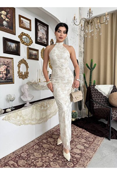 Miss Beyoğlu Women's Neck Tie Jacquard Tulle Dress