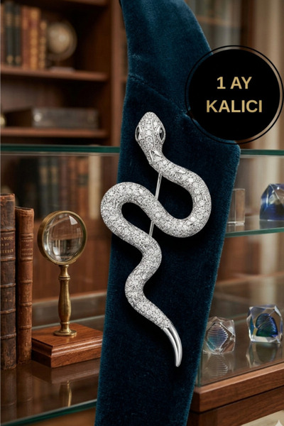 shop Gümüş Renk Yılan Figürlü Taş Detaylı Broş
