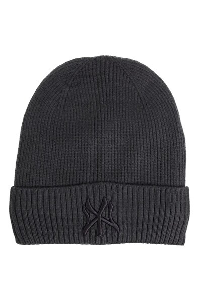 OEM Caciula Tricotata Gri Antracit cu Captuseala Fleece & Imprimeu "NY"