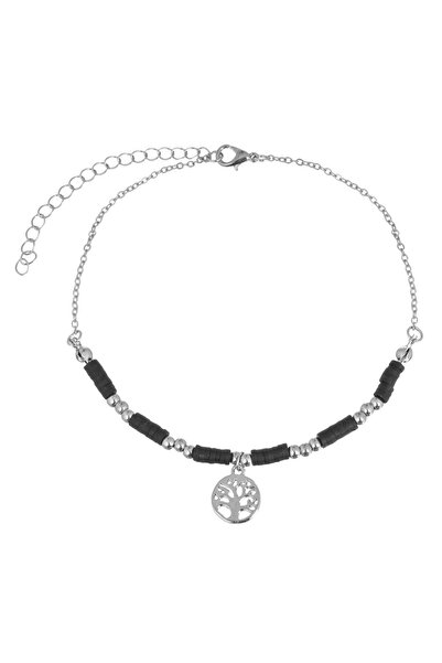 OEM Silver Color Chain Anklet with Black Beads & Tree of Life for Women