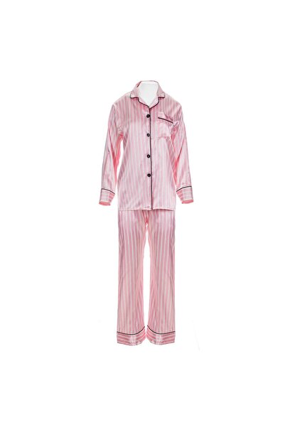 OEM Set Pijama de Iarna Satinata Roz cu Dungi Albe & Detalii Negre pentru Fem...
