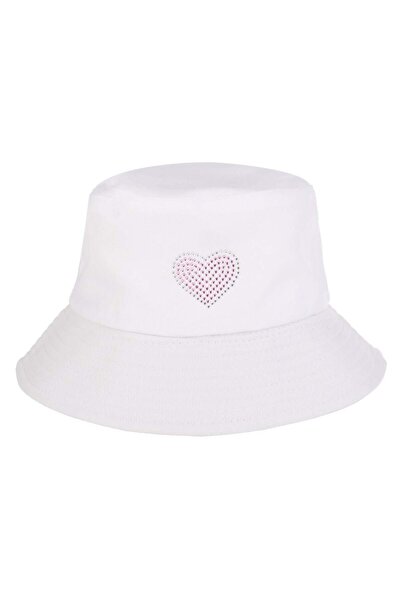 OEM White Bucket Hat with Pink Silver Rhinestone Heart for Kids