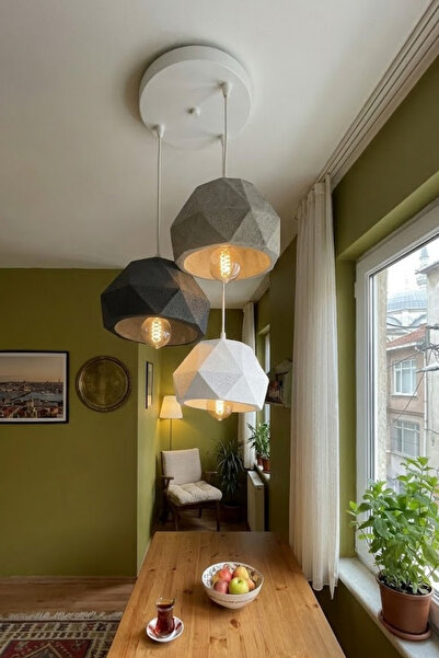 Dropcek eticaret Modern 3’lü Sarkıt Avize Beyaz-Gri-Siyah Beton Dokulu Minima...