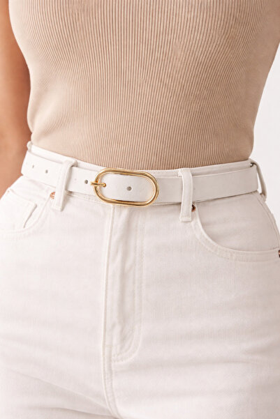 kemer krallığı Women's White Thin Belt – with Oval Gold Buckle